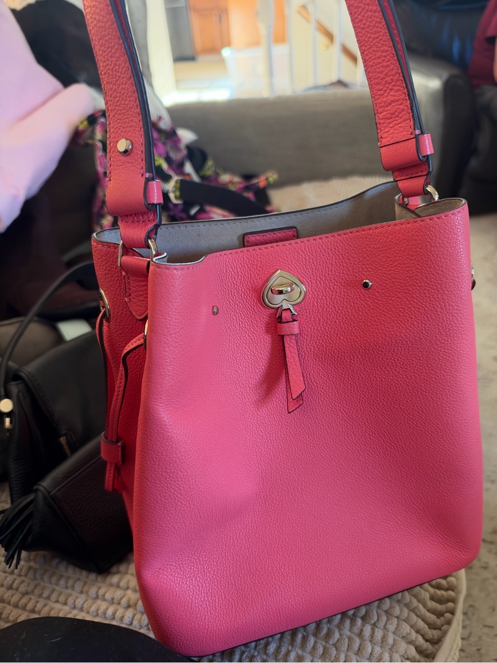 kate spade Pink Pebbled Leather Bucket Shoulder Bag with Gold Heart Accent